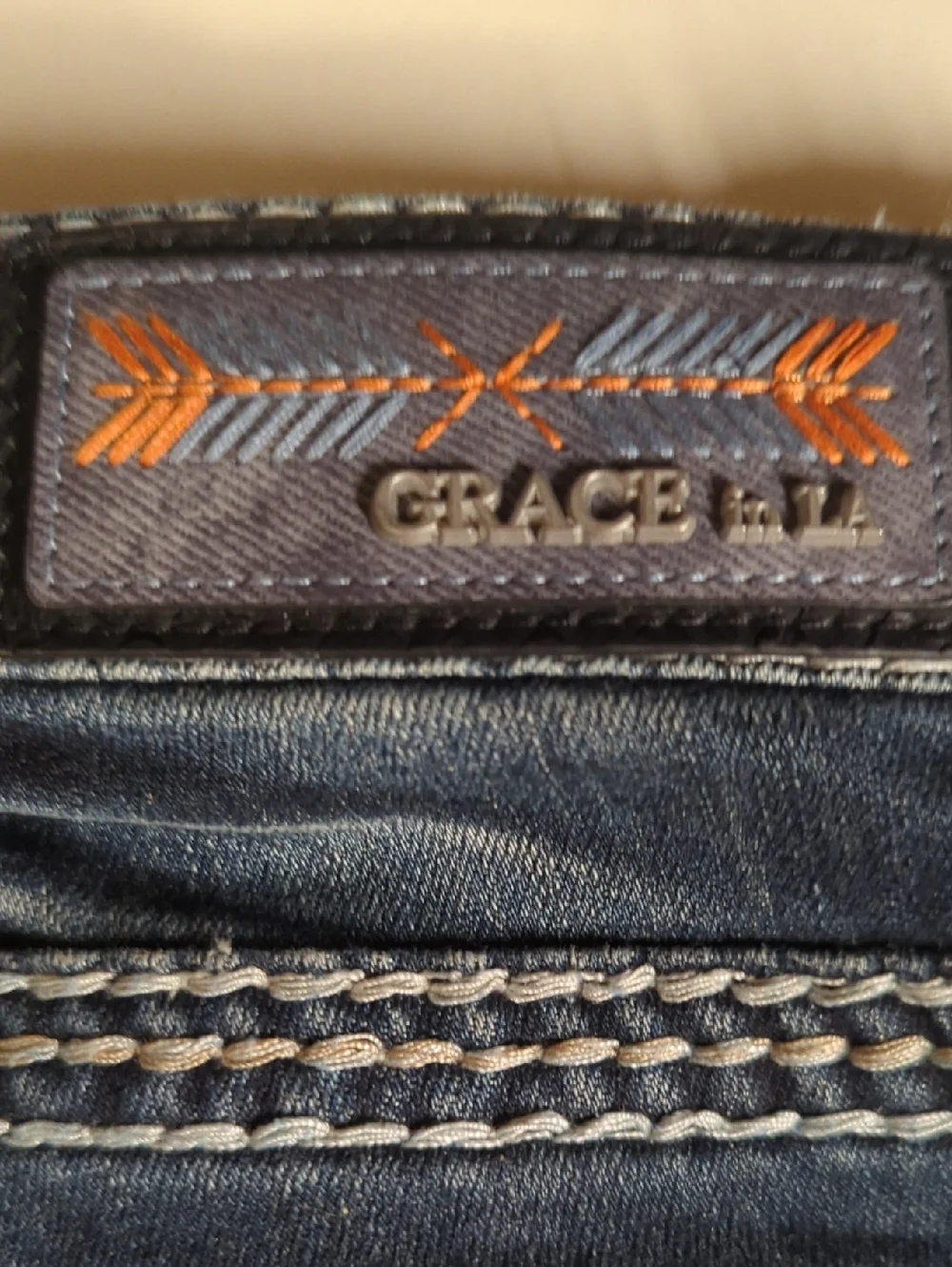 Brand New Grace LA Navy Denim Patch with Orange and Light Blue Arrow Embroidery - Picture 4 of 10